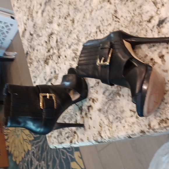 MICHAEL KORS Solid Black Leather Pull On Open-Toe Ankle Platform Boots Shooties - Picture 5 of 16